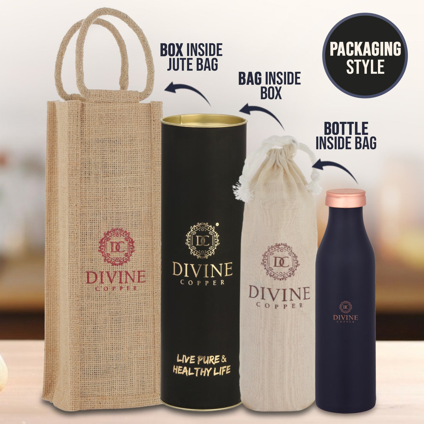 BMC Blue copper bottle with free jute carry bag