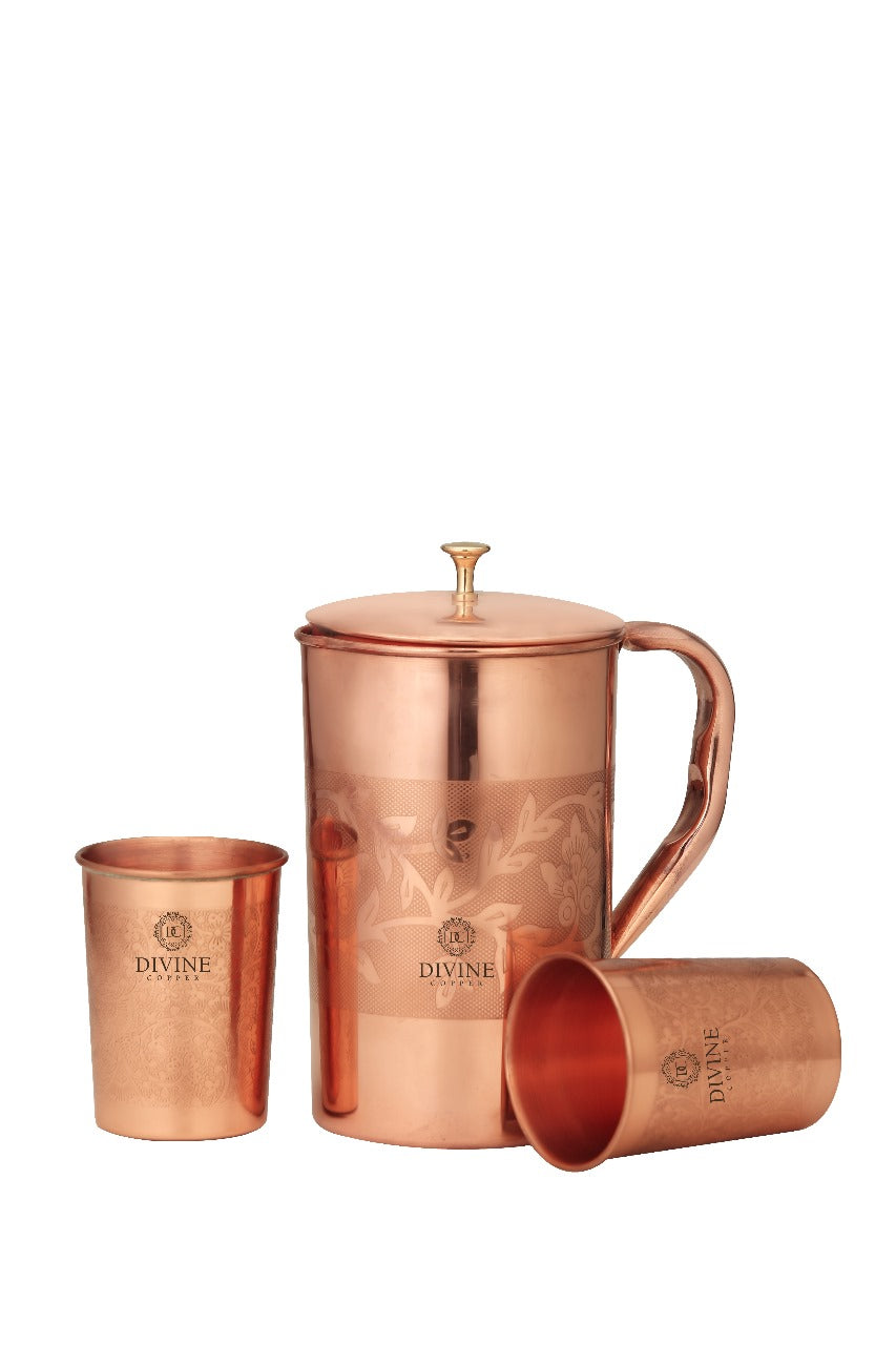PURE COPPER EMBOSSEED JUG WITH 2 GLASS GIFT PACK