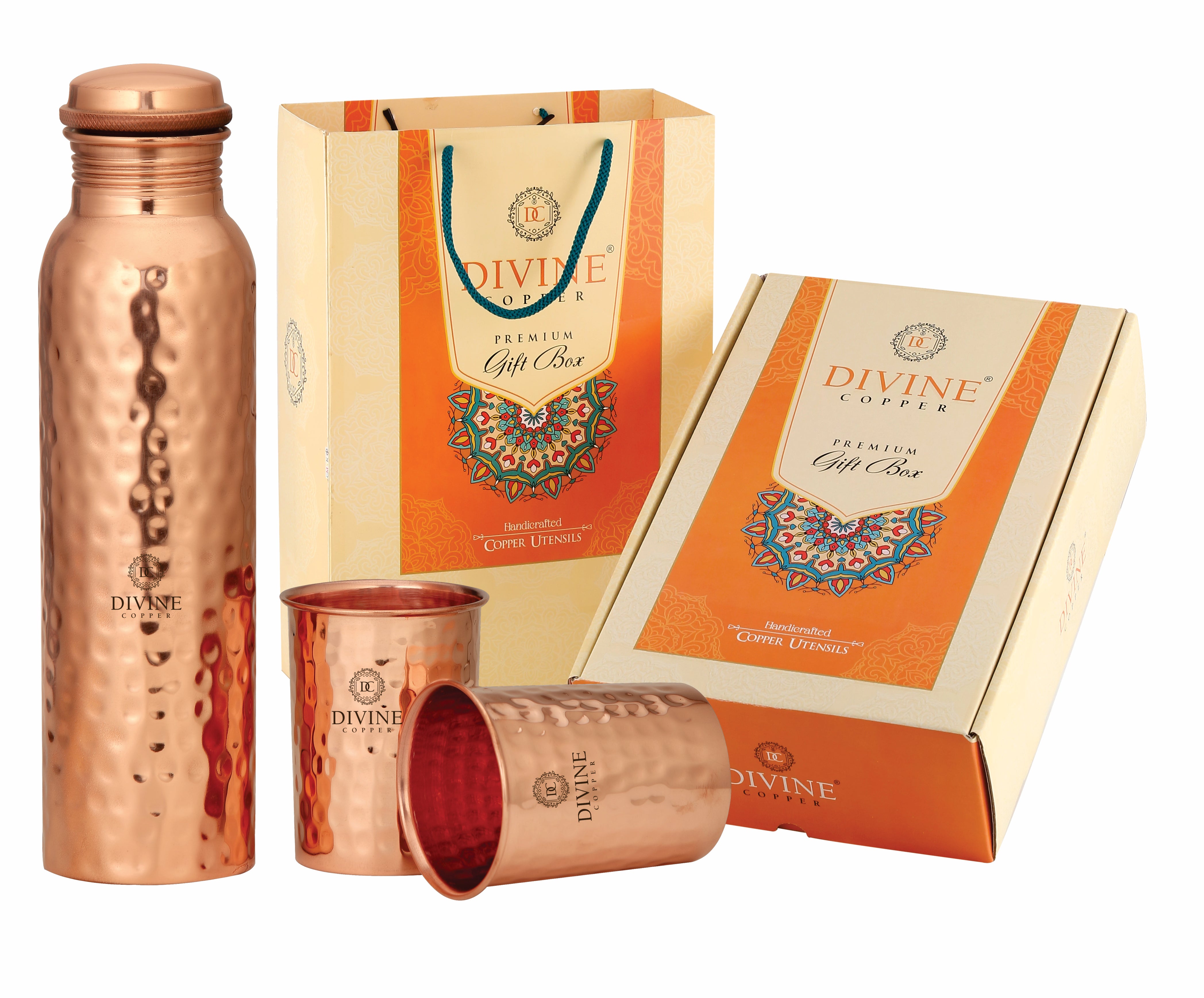 Pie 950ml hmd Pure Copper bottle with 2 Glass gift pack