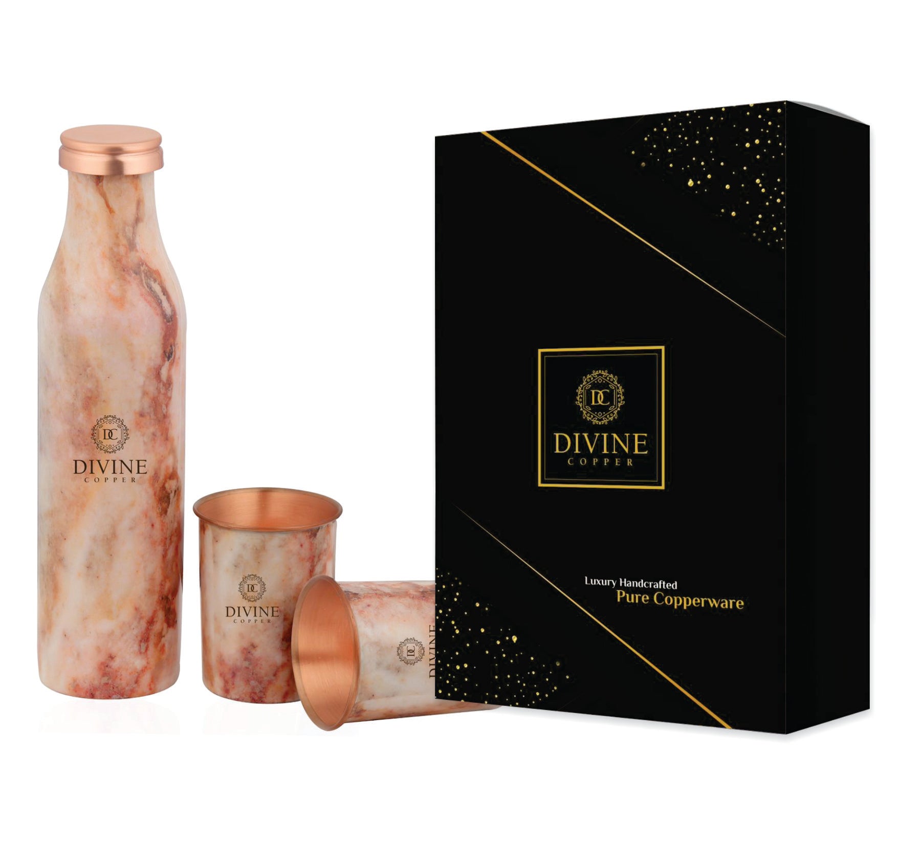 Bmc Marble Print 950ml Pure Copper Bottle with 2 glass 300ml*2 Gift Pack...