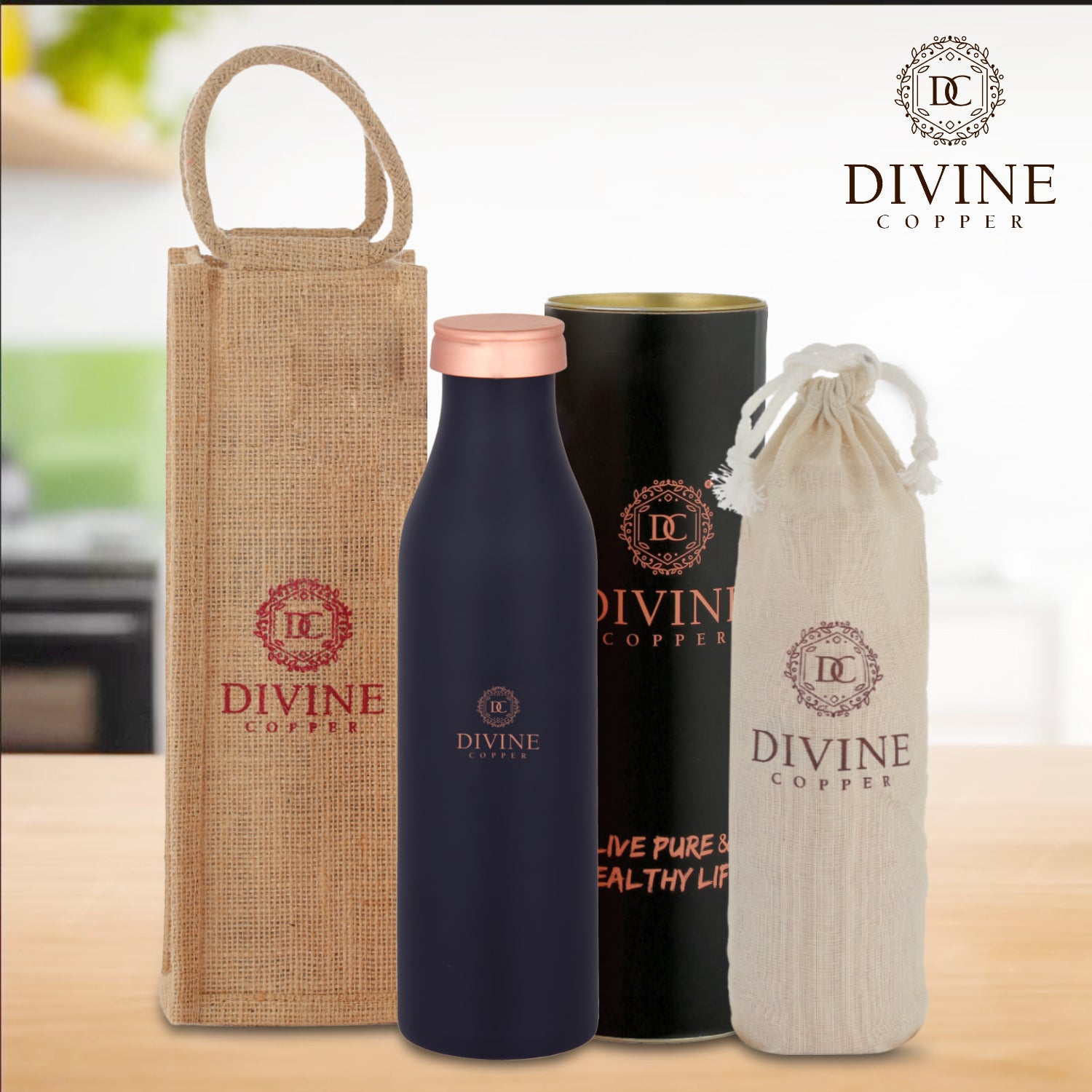 BMC Blue copper bottle with free jute carry bag