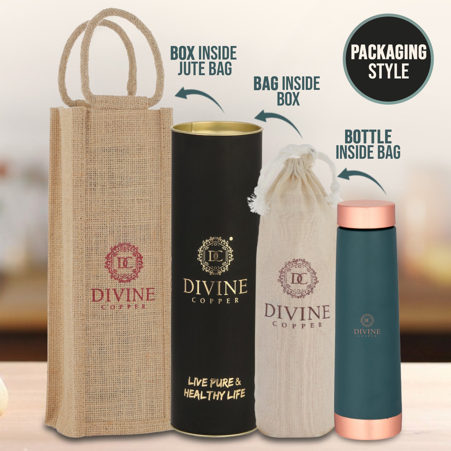 Eclair 900ml Pure Copper Bottle Teal Color With Free Jute Carry Bag