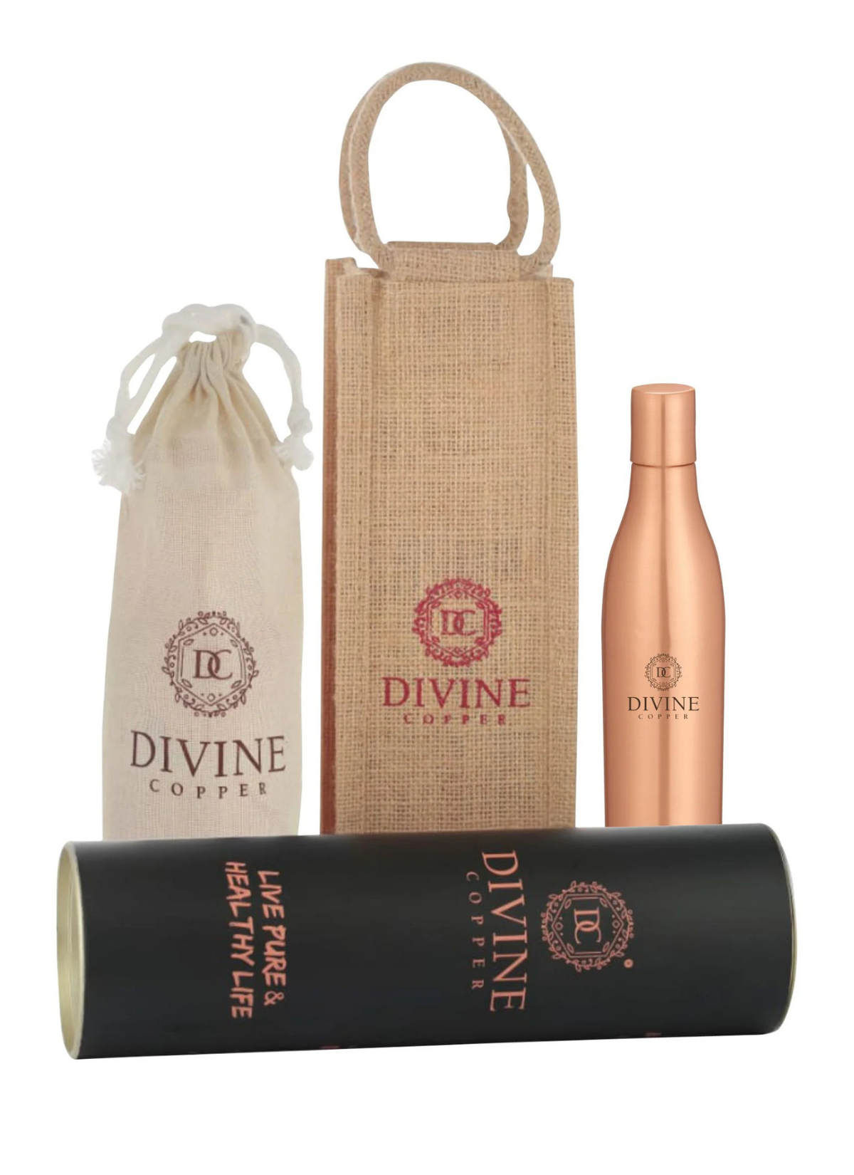 Elegant Pure copper bottle with free Jute bag, cotton bag & tube Packaging