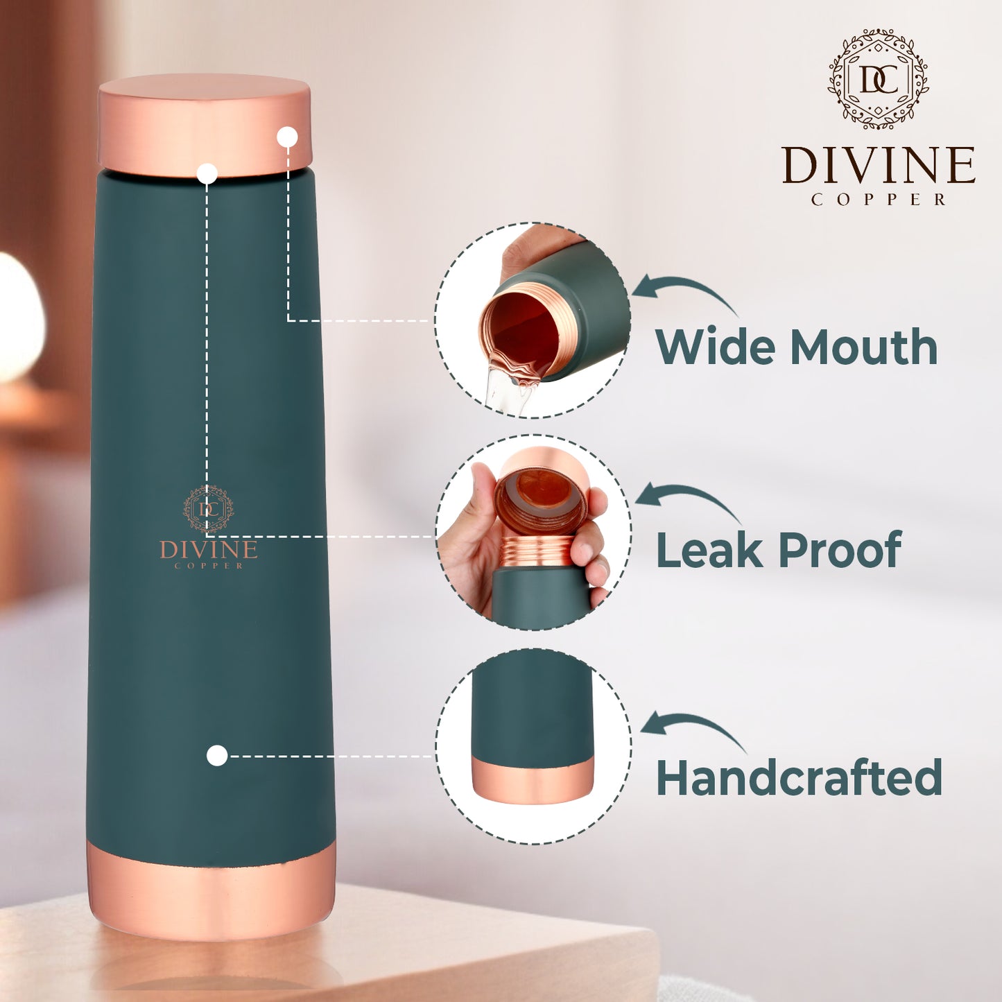 Eclair 900ml Pure Copper Bottle Teal Color With Free Jute Carry Bag