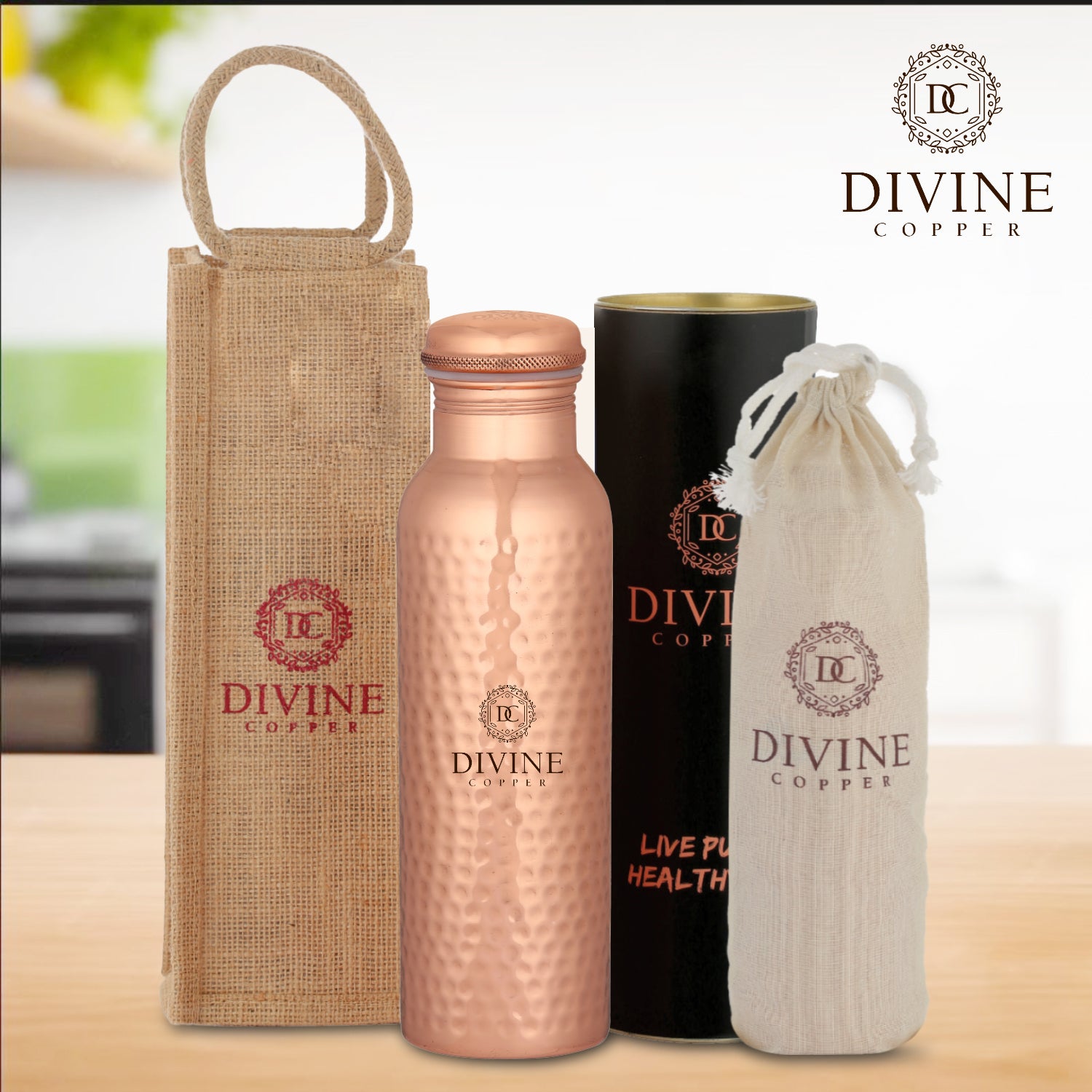 Pie Hammered Premium Copper Water Bottle, 99% Pure Copper