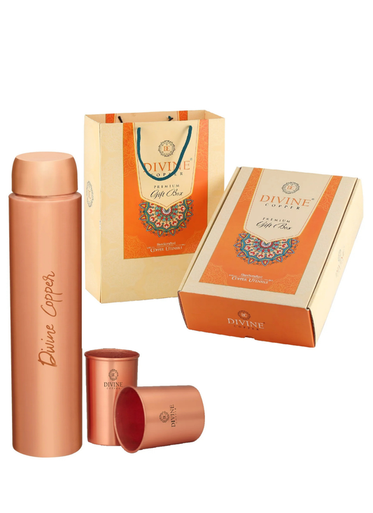 Hexa 950ml Pure Copper Bottle with 2 Glass Gift Pack