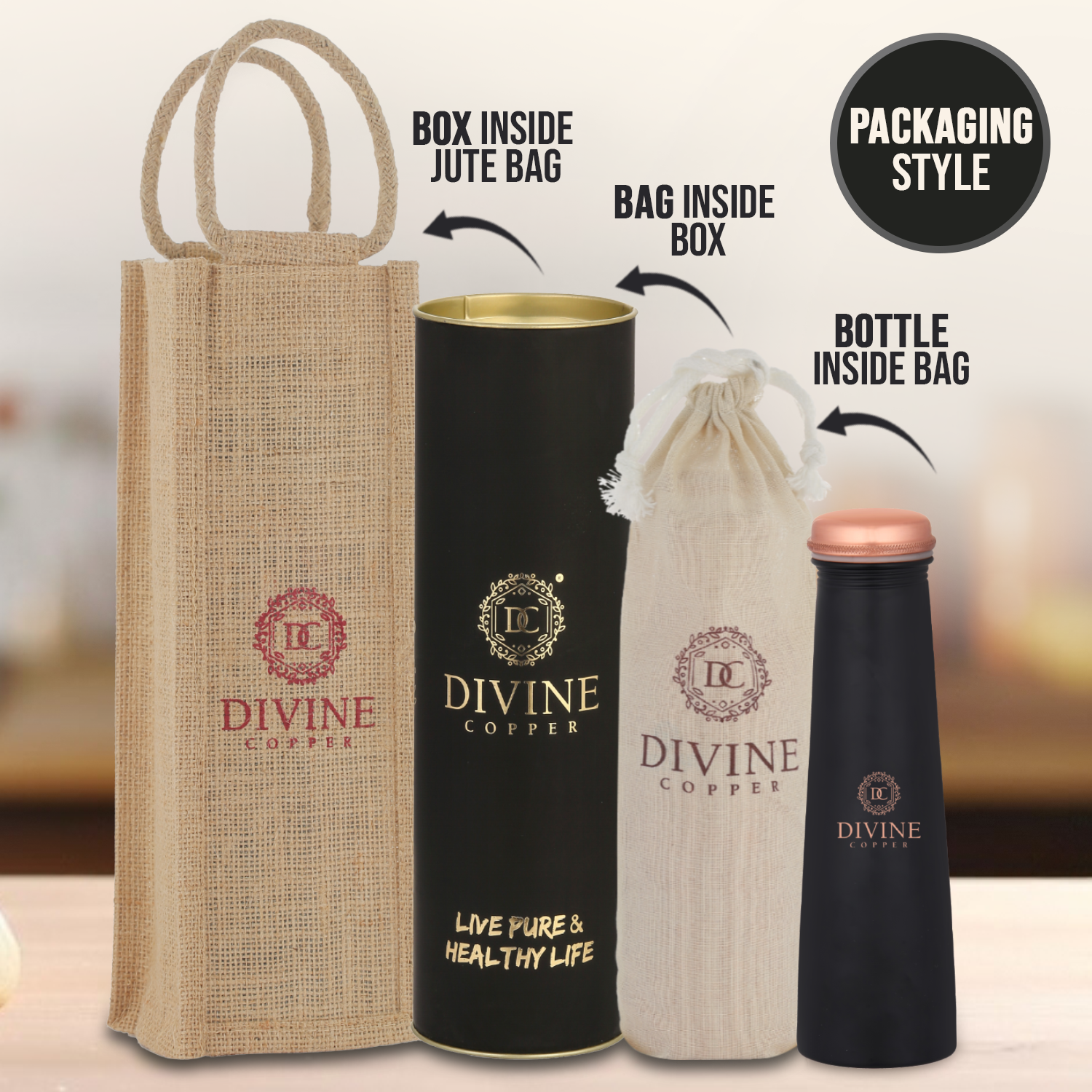 Froyo Black 750 ML copper bottle with free Jute carry bag