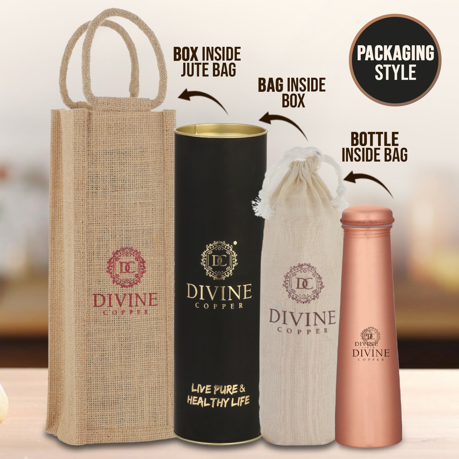 Froyo 750ml Copper Bottle Plain with free Jute Bag & Carry Bag