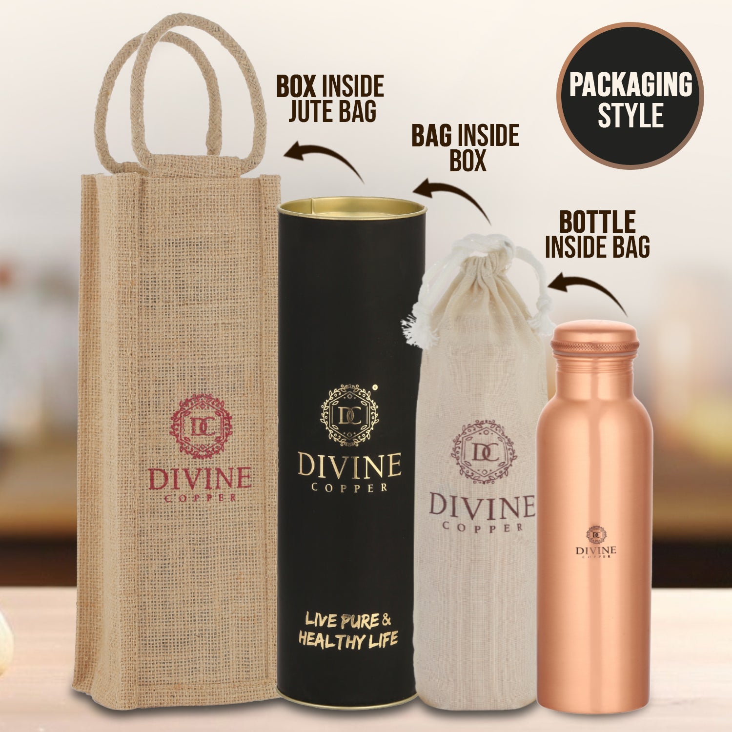 PIE 950ml Pure copper Plain bottle with free Jute carry bag