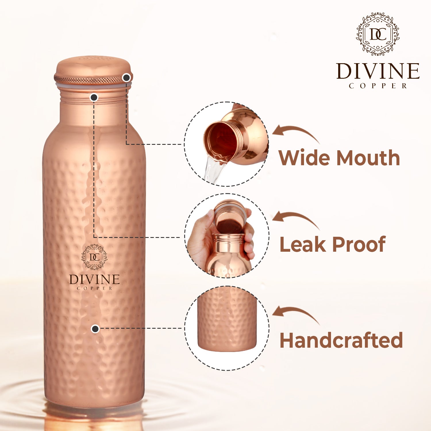 Pie Hammered Premium Copper Water Bottle, 99% Pure Copper