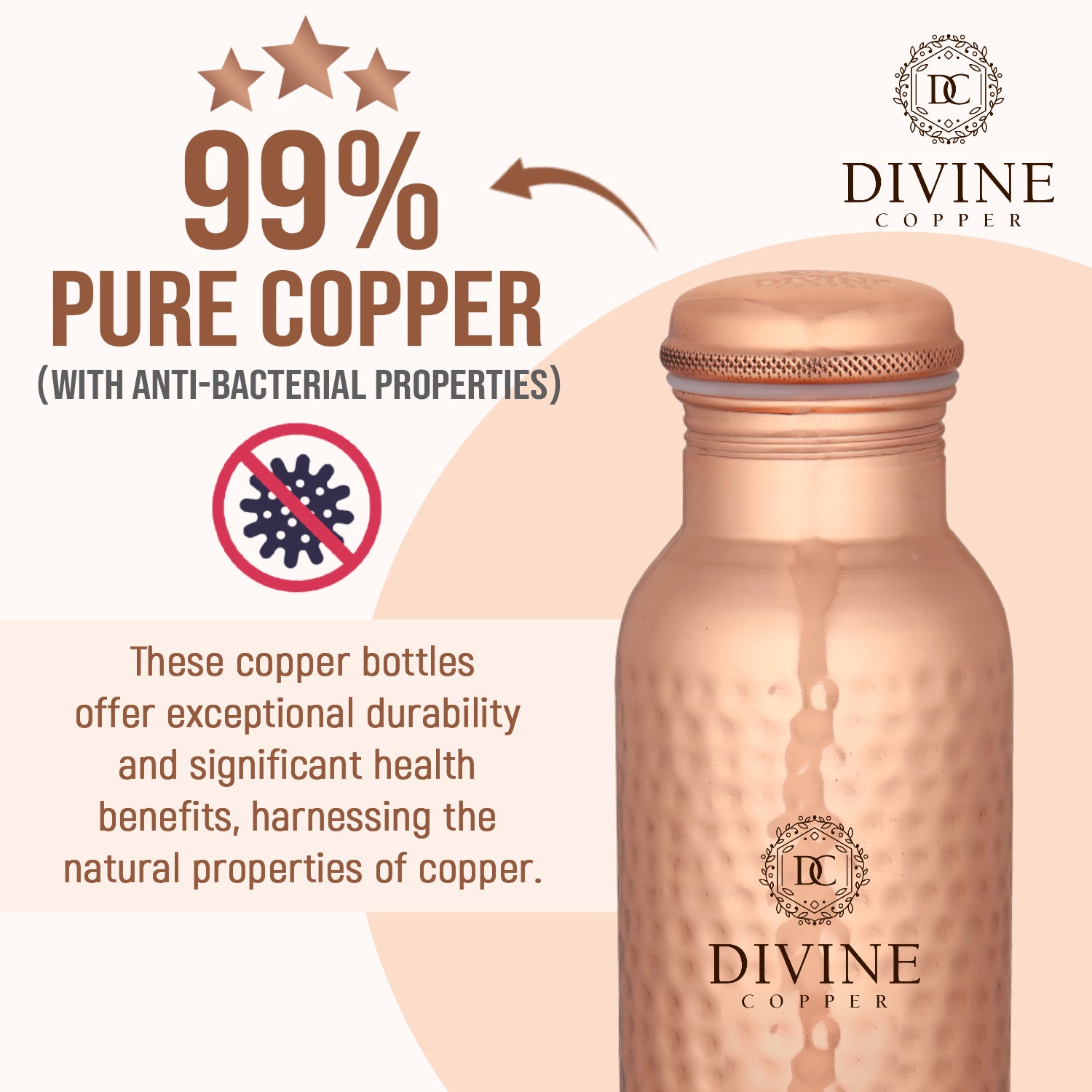 Pie Hammered Premium Copper Water Bottle, 99% Pure Copper