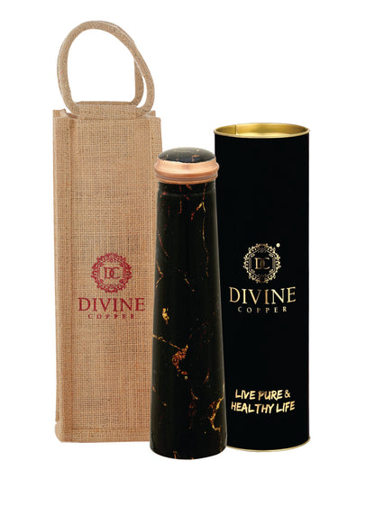Froyo 750ml black marble print Pure copper water bottle with free jute carry bag