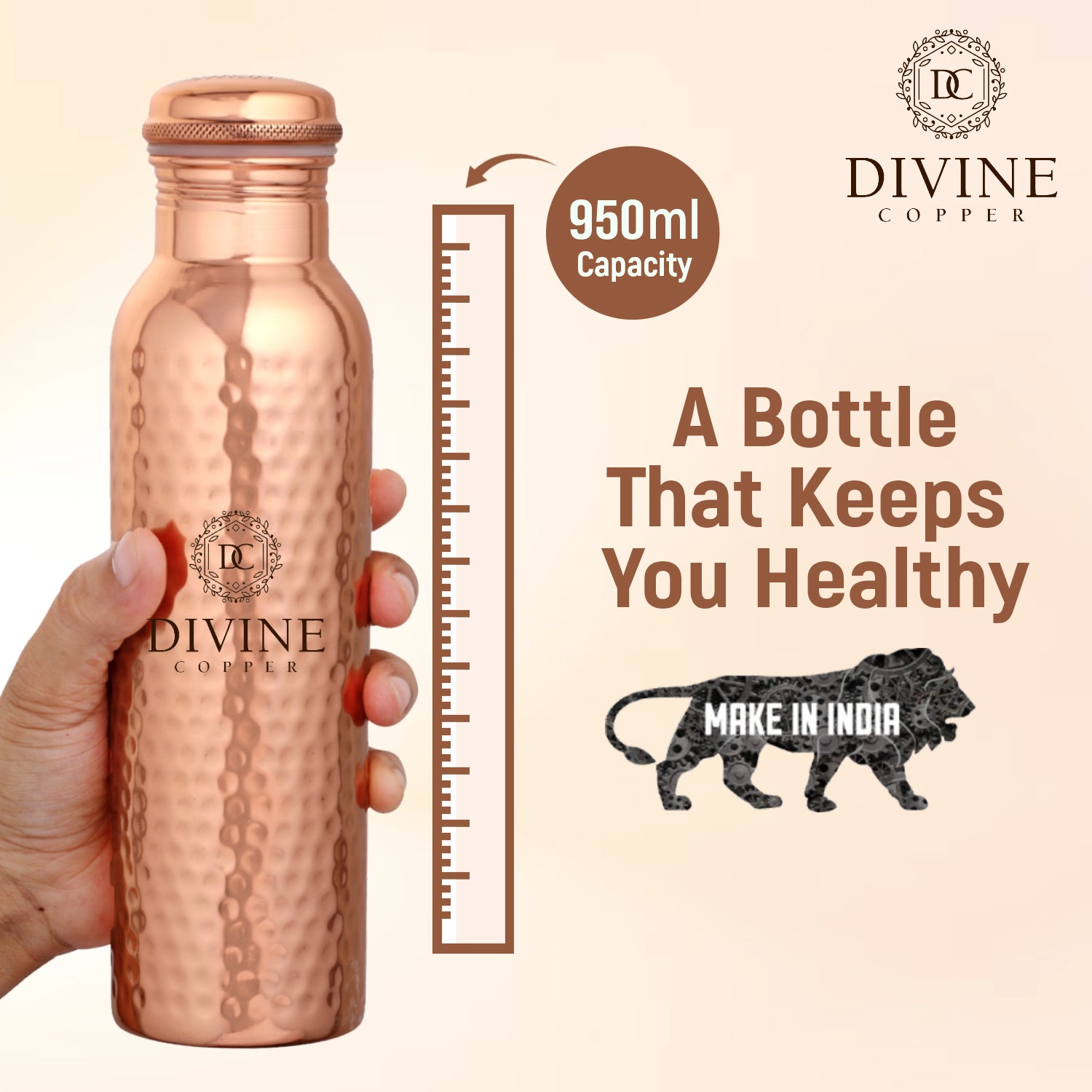 Pie Hammered Premium Copper Water Bottle, 99% Pure Copper