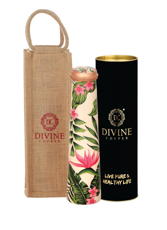 Froyo 750ml green leaf enamel print copper bottle with Free Jute carry bag