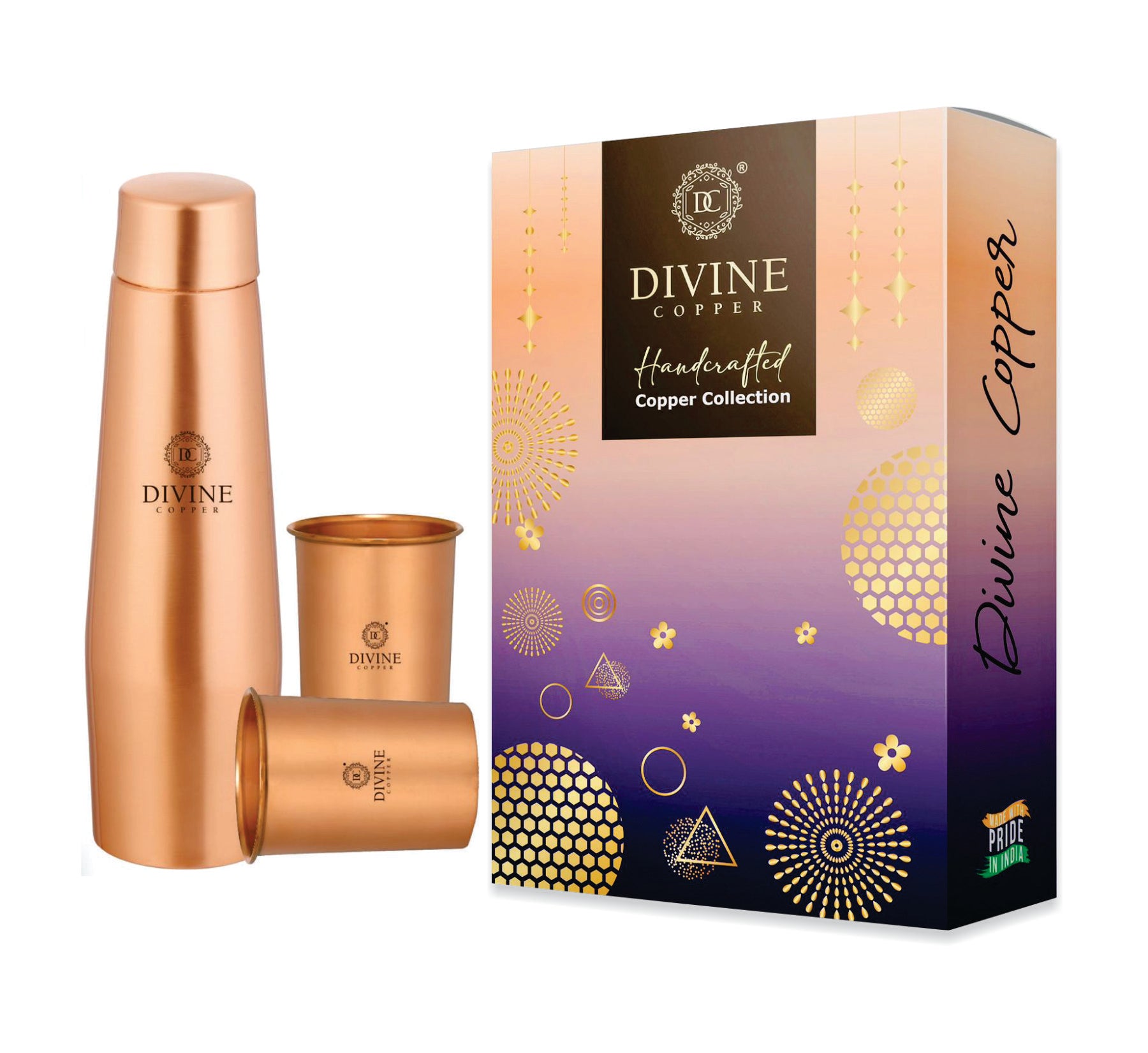 Crown 1000ml Pure copper bottle with 2 glass 300ml*2 gift pack