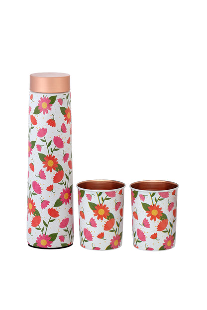 Eclair -  Colourful Flower  Print Pure Copper Bottle With Pack of 2 Glass