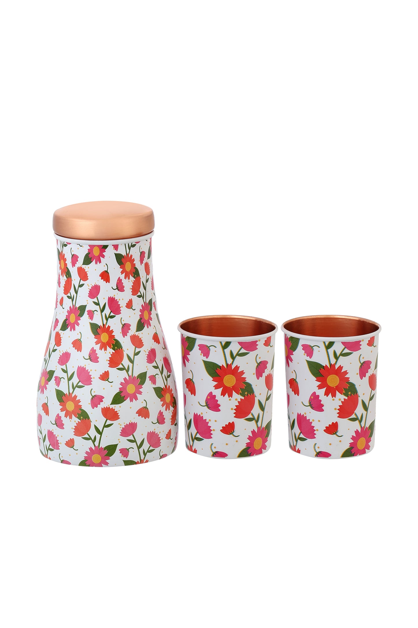 Jar - Colourful Flower  Print Pure Copper Jar With Pack of 2 Glass
