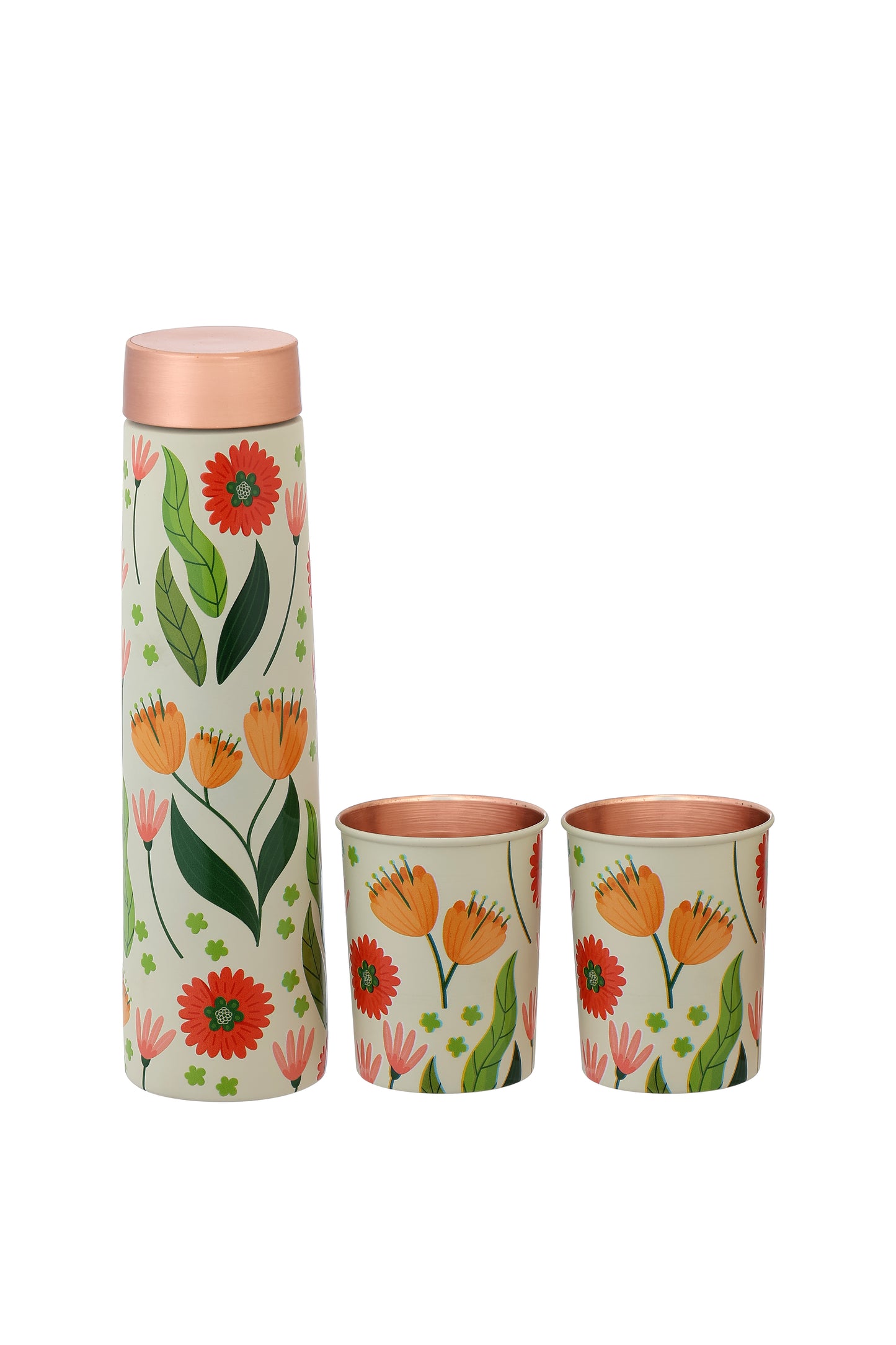 Eclair -  Colurful Flowers With Green Leafs Print Pure Copper Bottle With Pack of 2 Glass