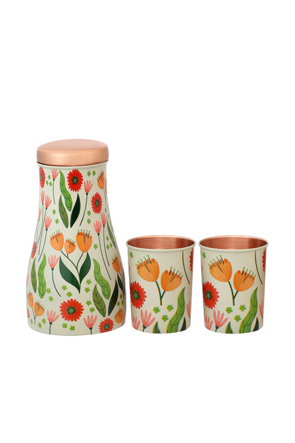 Jar - Colurful Flowers With Green Leafs Print Pure Copper Jar With Pack of 2 Glass
