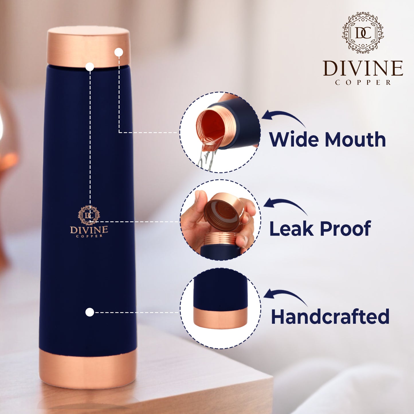 Pure Copper Bottle - Eclair Blue 900ml