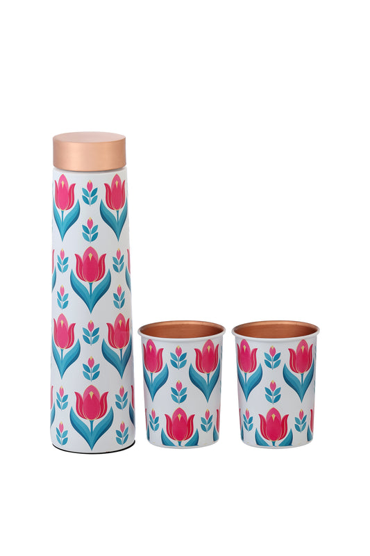 Eclair -  Pink Flower Print Pure Copper Bottle With Pack of 2 Glass
