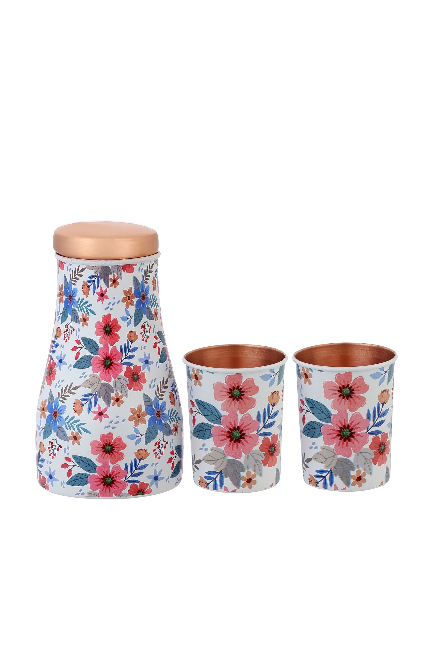 Jar - Fabic Texture Flower Print Pure Copper Jar With Pack of 2 Glass