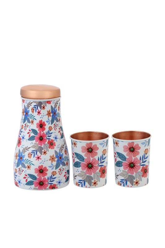 Jar - Fabic Texture Flower Print Pure Copper Jar With Pack of 2 Glass