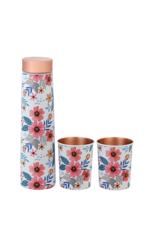 Eclair -  Fabic Texture Flower Print Pure Copper Bottle With Pack of 2 Glass