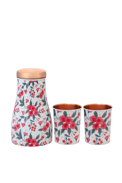 Jar - Flower Print Pure Copper Jar With Pack of 2 Glass