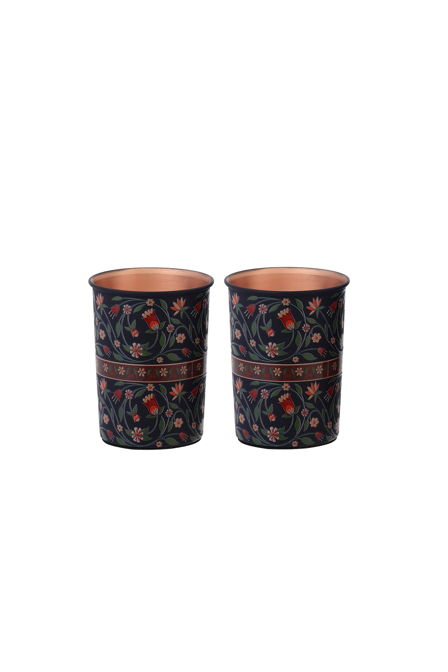 Flower With Green Leafs Print Pure Copper Glass Pack of- 2