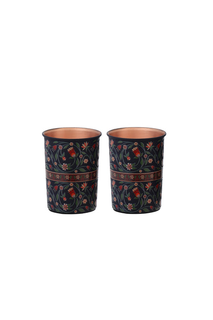 Flower With Green Leafs Print Pure Copper Glass Pack of- 2