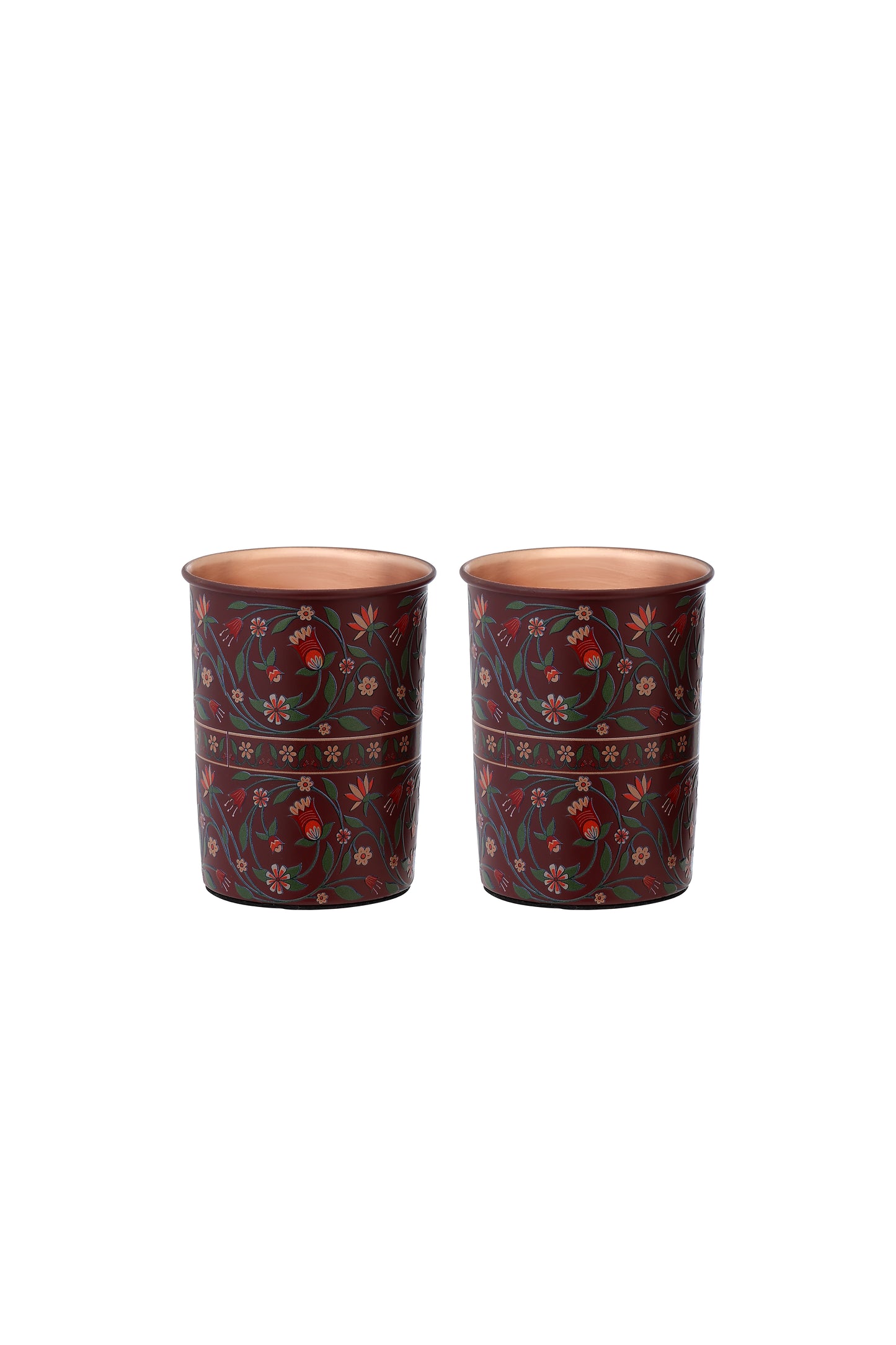 Flower With Green Leafs Print Pure Copper Glass Pack of- 2