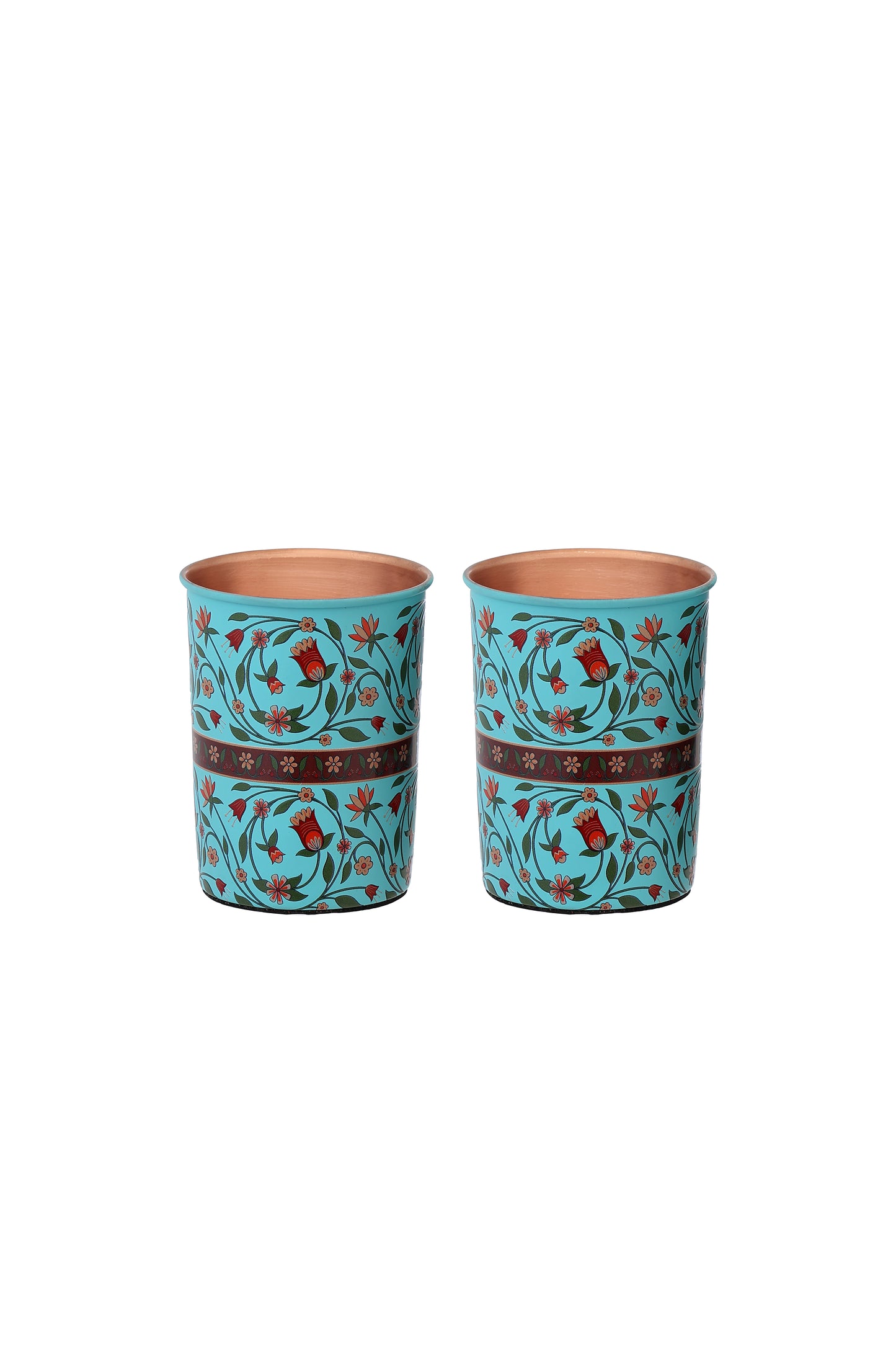Flower With Green Leafs Print Pure Copper Glass Pack of- 2