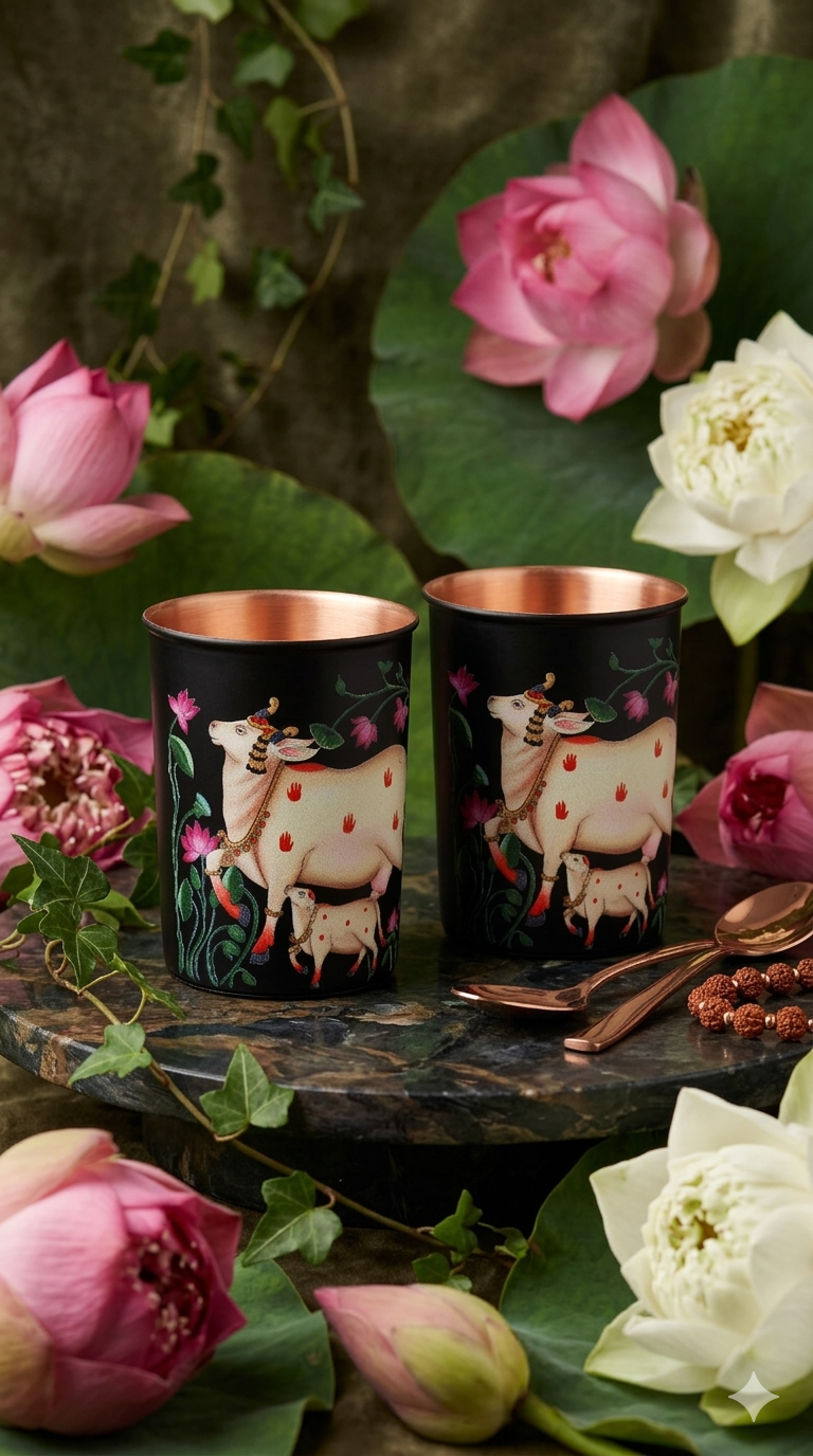 Nandi Cow Print Pure Copper Glass Pack of- 2