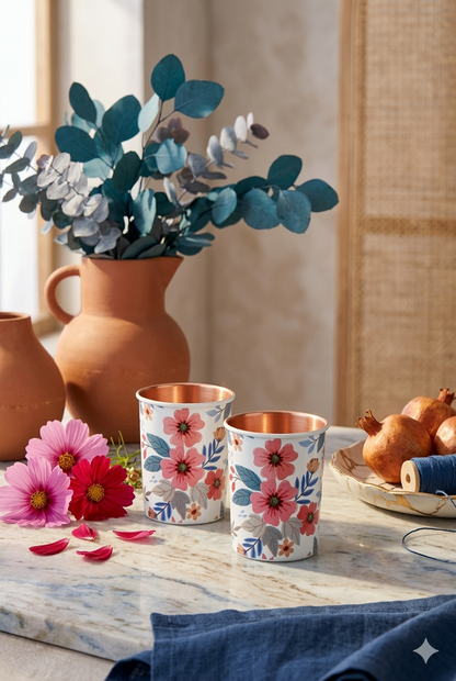 Fabic Texture Flower Print Pure Copper Glass Pack of- 2