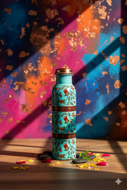 PIE -   Flower with Green Leafs Print Pure Copper Bottle (Mint)