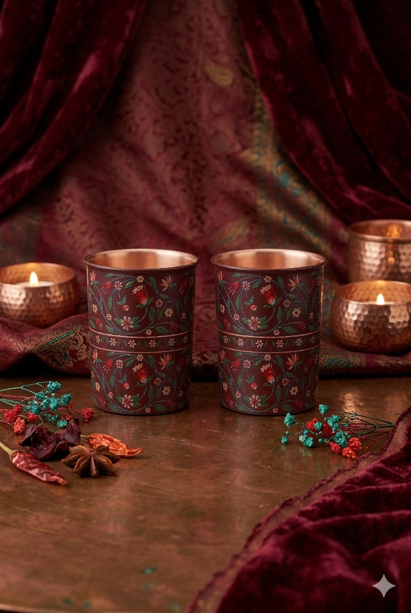 Flower With Green Leafs Print Pure Copper Glass Pack of- 2
