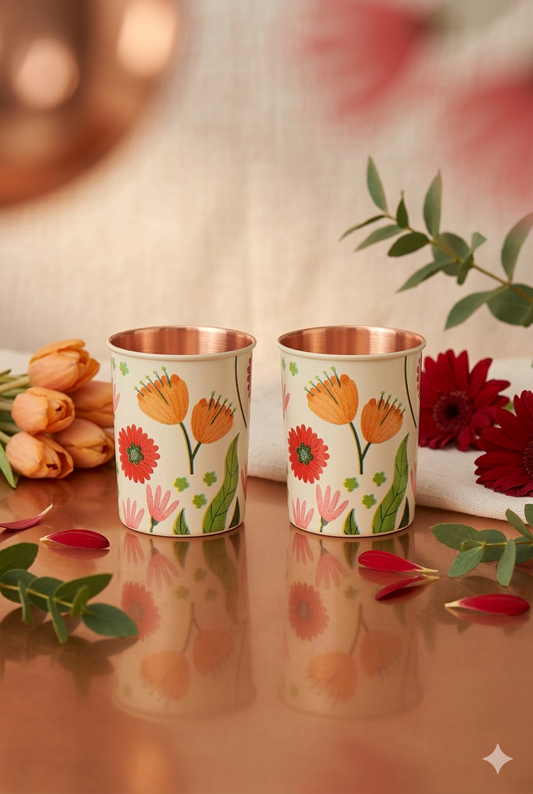Colurful Flowers With Green Leafs Print Pure Copper Glass Pack of- 2
