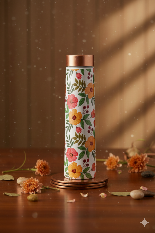 Eclair - Yellow Flower With Green Leafs Pattern Pure Copper Bottle