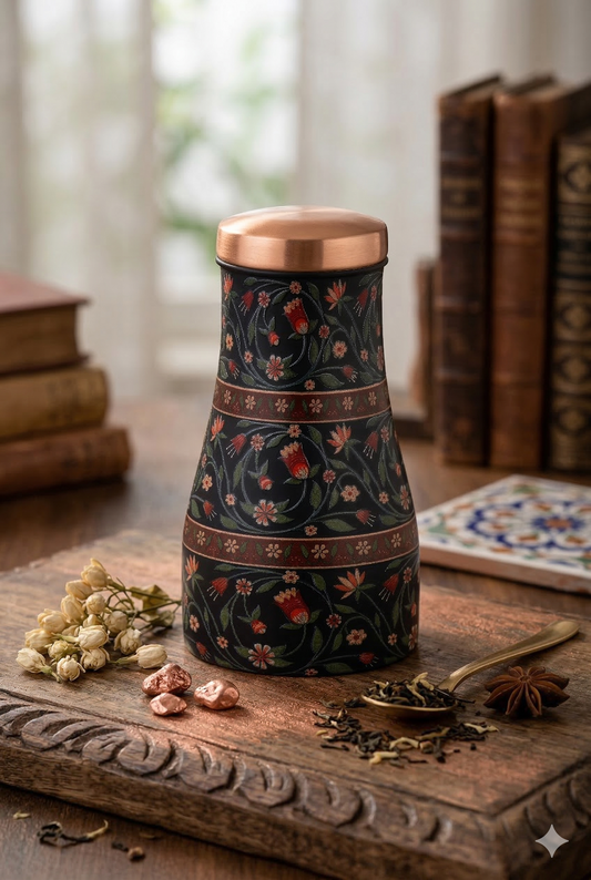 JAR - Flower with Green Leafs Print Pure Copper Jar (Black)