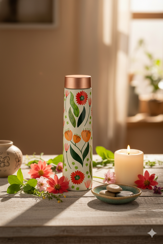 Eclair - Colourful Flowers With Green Leafs Print Pure Copper Bottle