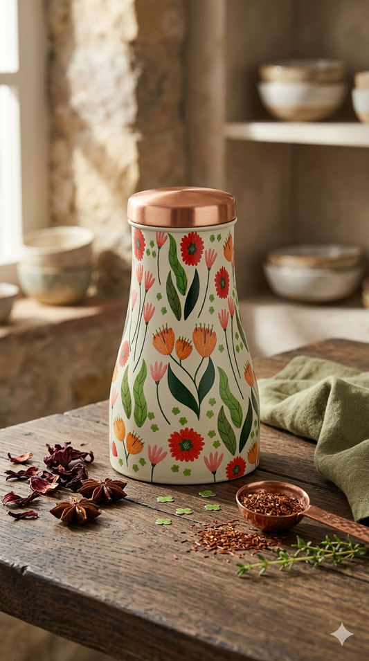 JAR - Colurful Flowers With Green Leafs Print Pure Copper Jar