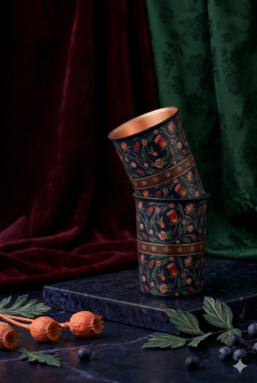 Flower With Green Leafs Print Pure Copper Glass Pack of- 2