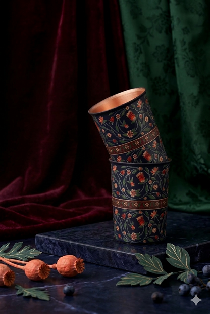 Flower With Green Leafs Print Pure Copper Glass Pack of- 2