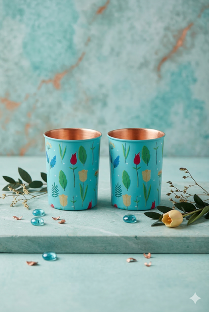 Spring Flower Print Pure Copper Glass Pack of- 2