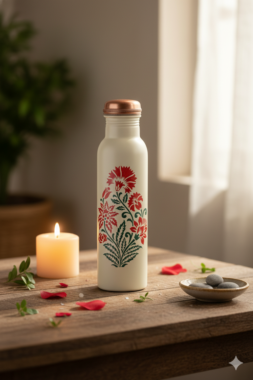 PIE - Sanjhi Flower Print Pure Copper Bottle