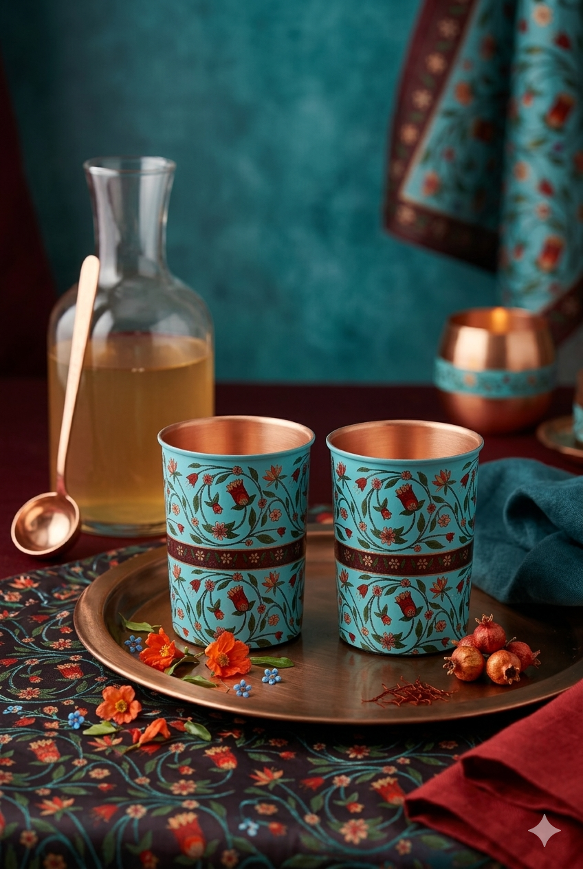 Flower With Green Leafs Print Pure Copper Glass Pack of- 2