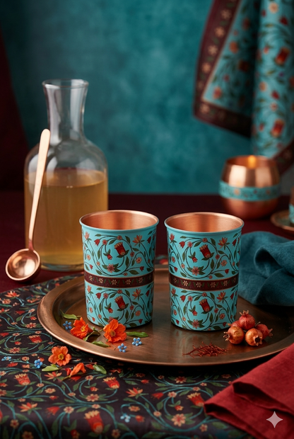Flower With Green Leafs Print Pure Copper Glass Pack of- 2