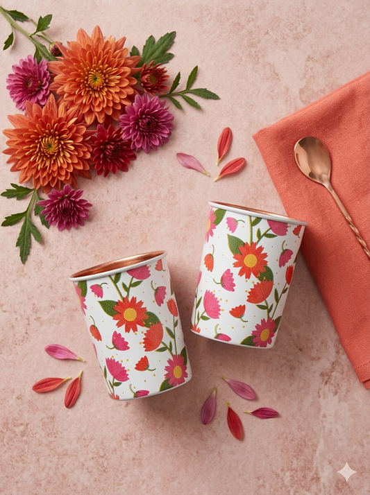 Colourful Flower Pure Copper Glass Pack of- 2