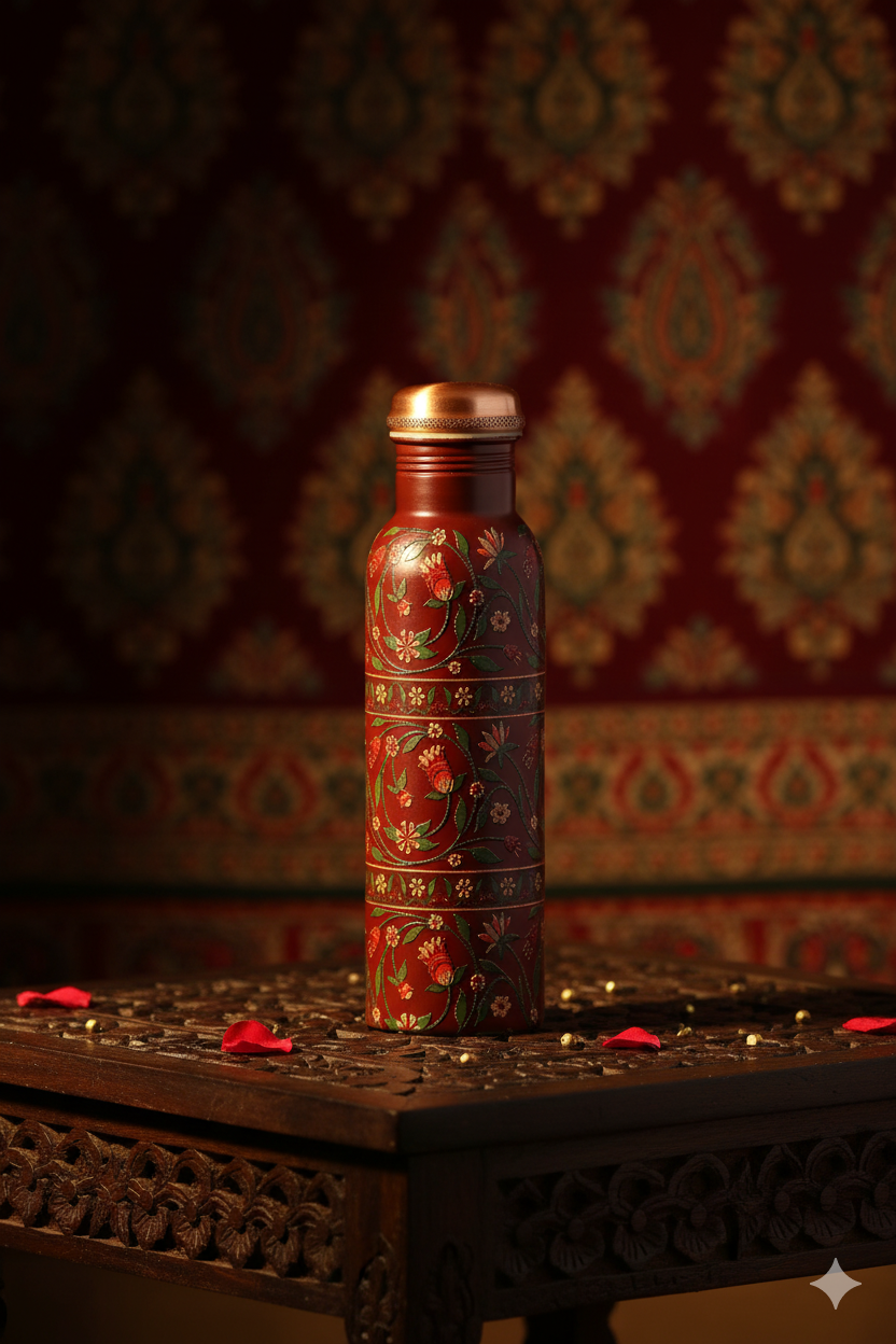 PIE - Flower with Green Leafs Print Pure Copper Bottle